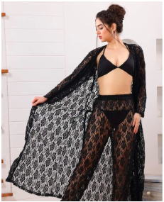 Elegant Black Lace Beachwear Set for Women | Sheer Cover-Up & Bikini
