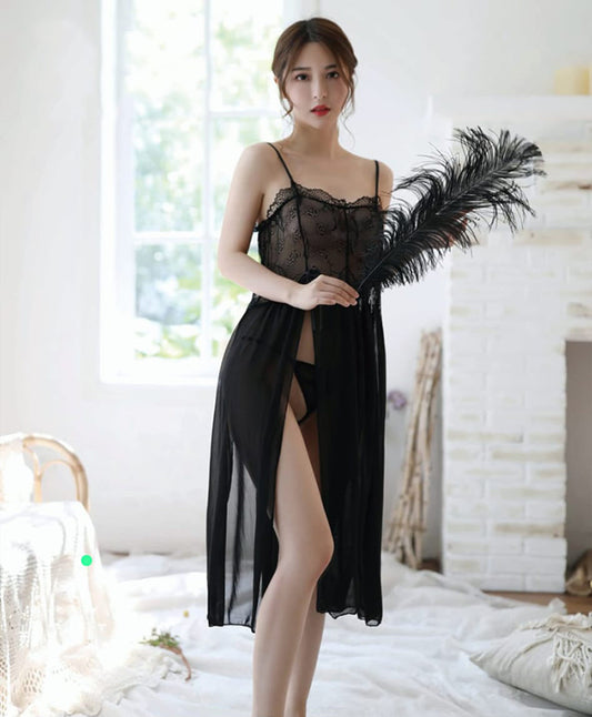 Black Lace Sheer Nightgown Set