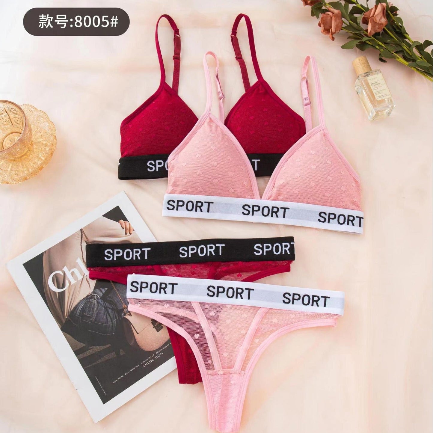 Sports Written Thongs & Bra Set