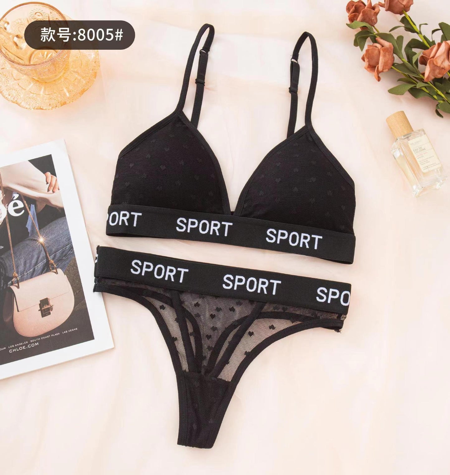 Sports Written Thongs & Bra Set